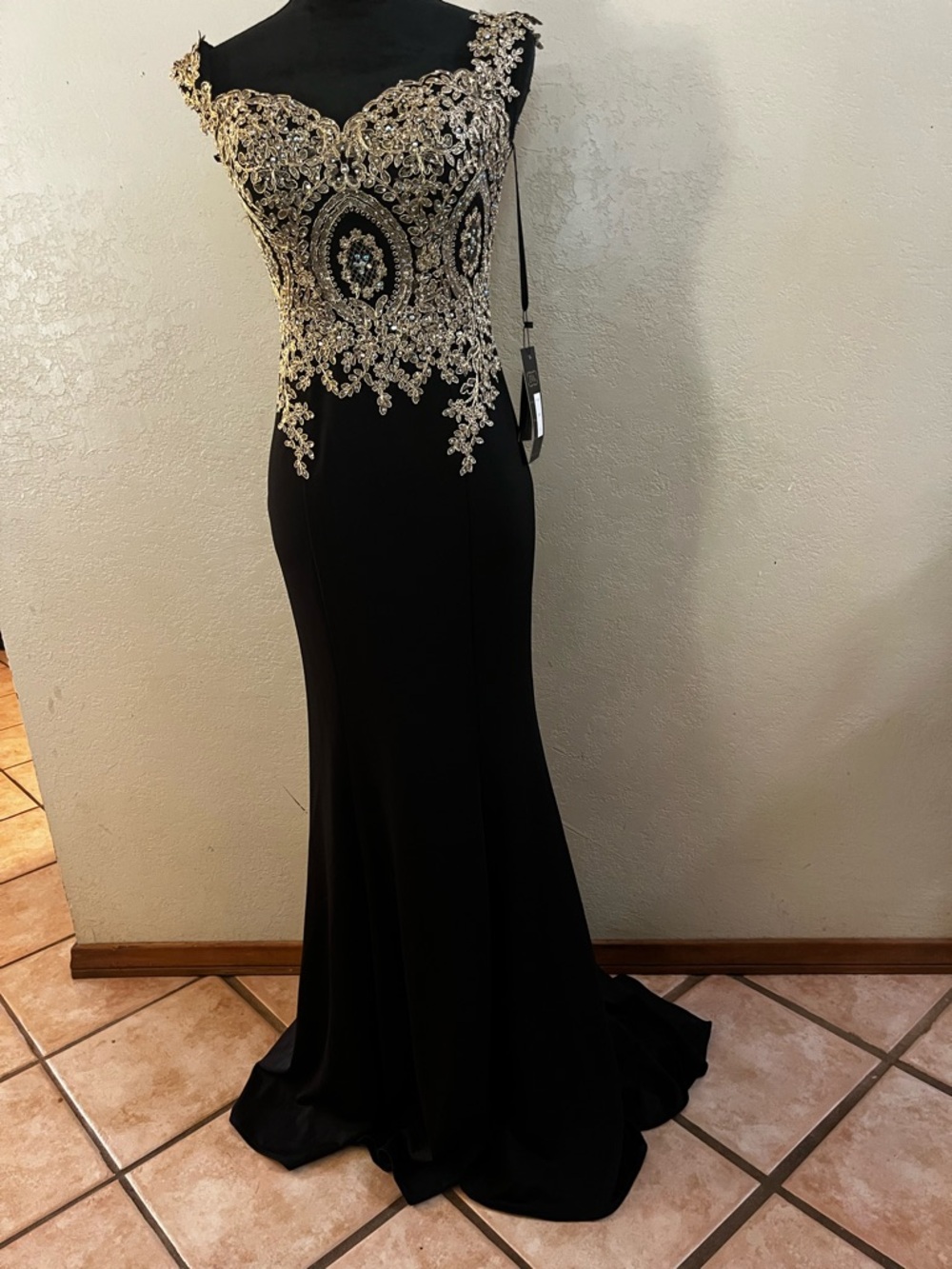 Black Evening Gown with Gold Embellished Bodice